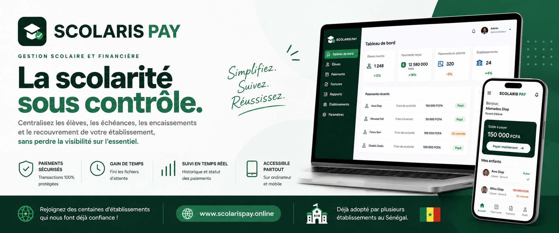 Présentation de SCOLARIS PAY sur ordinateur et mobile pour le suivi scolaire et financier